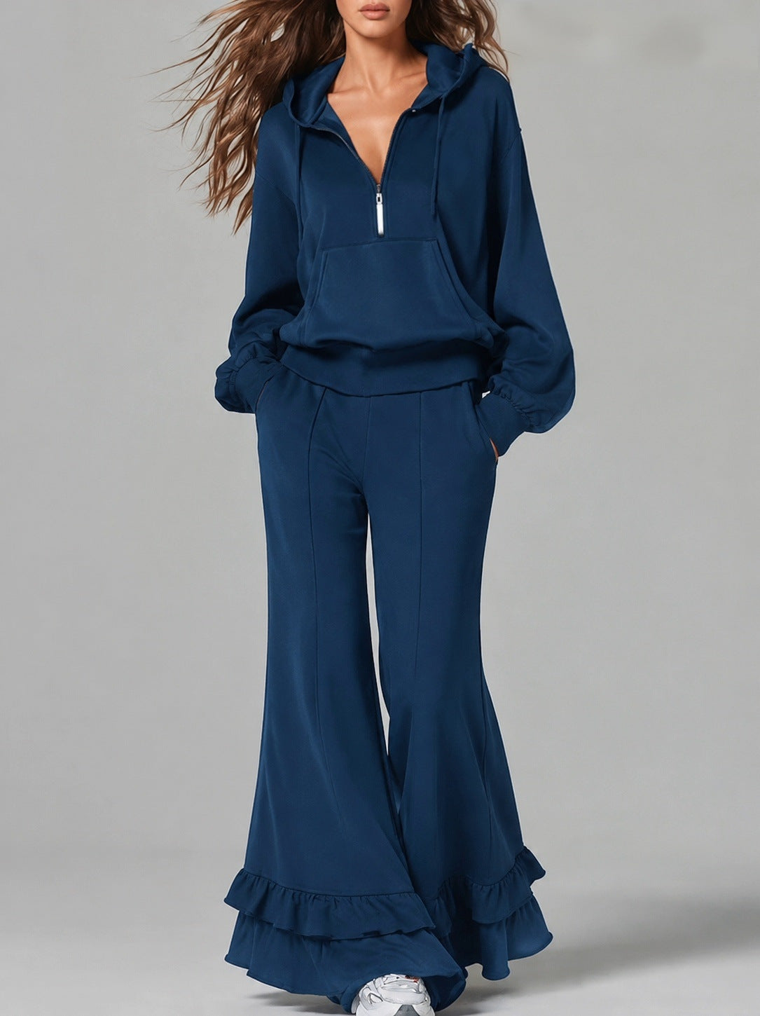 Women’s Half Zip Hoodie & Ruffle Flare Pants 2-Piece Casual Sweatshirt Set
