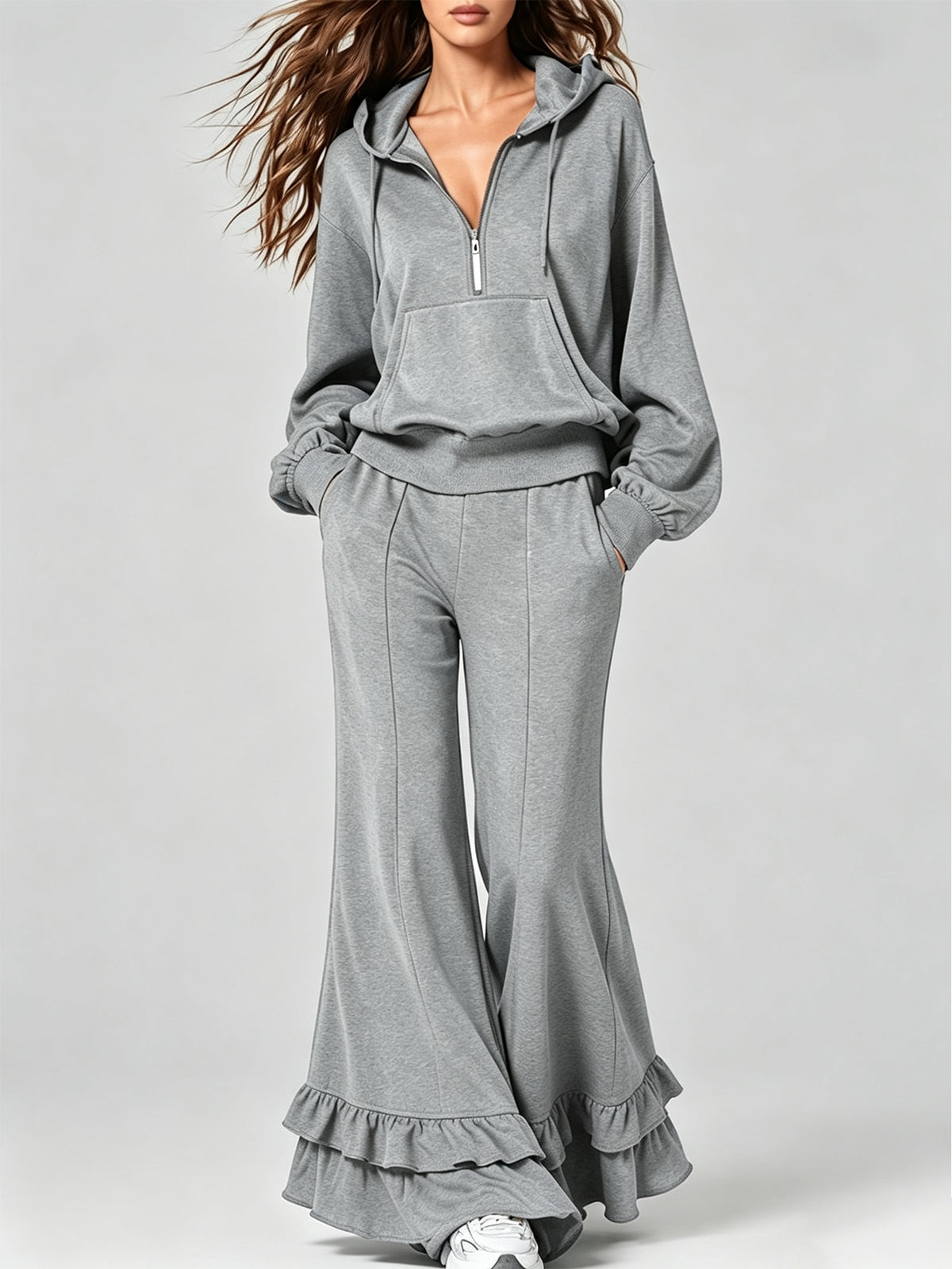 Women’s Half Zip Hoodie & Ruffle Flare Pants 2-Piece Casual Sweatshirt Set