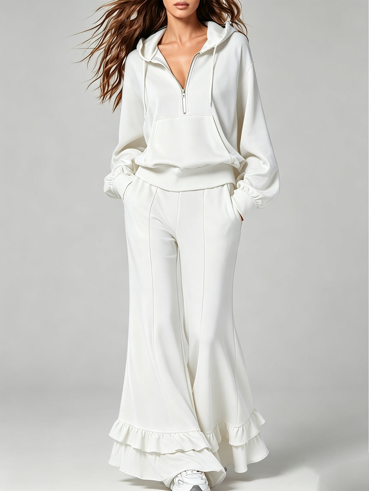Women’s Half Zip Hoodie & Ruffle Flare Pants 2-Piece Casual Sweatshirt Set