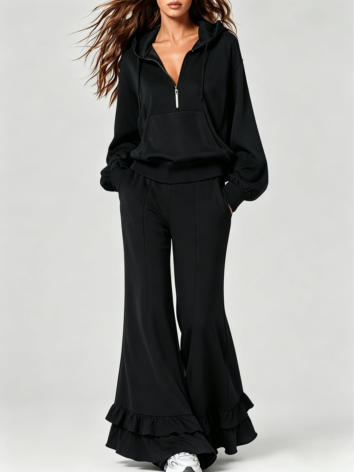 Women’s Half Zip Hoodie & Ruffle Flare Pants 2-Piece Casual Sweatshirt Set