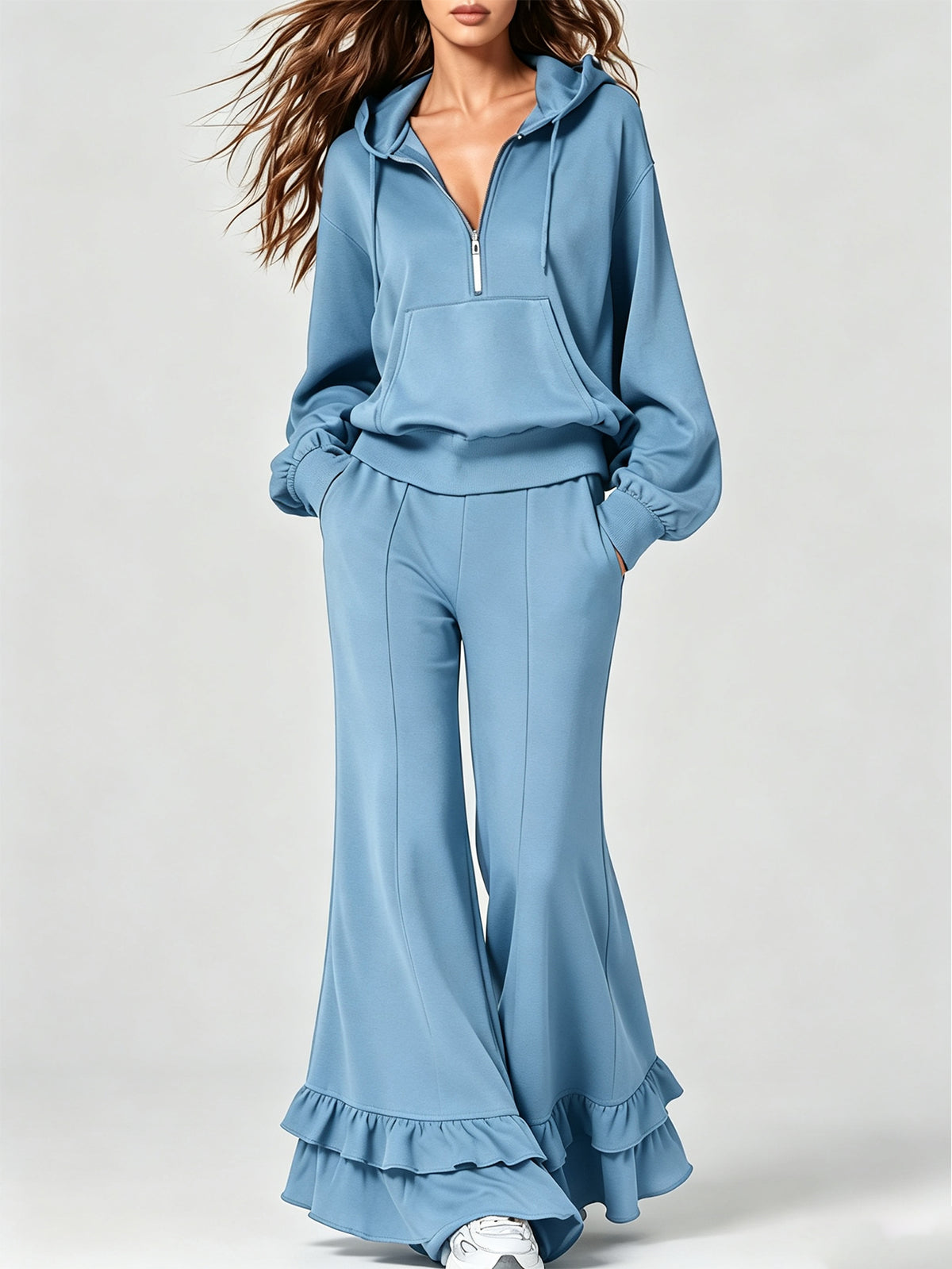 Women’s Half Zip Hoodie & Ruffle Flare Pants 2-Piece Casual Sweatshirt Set