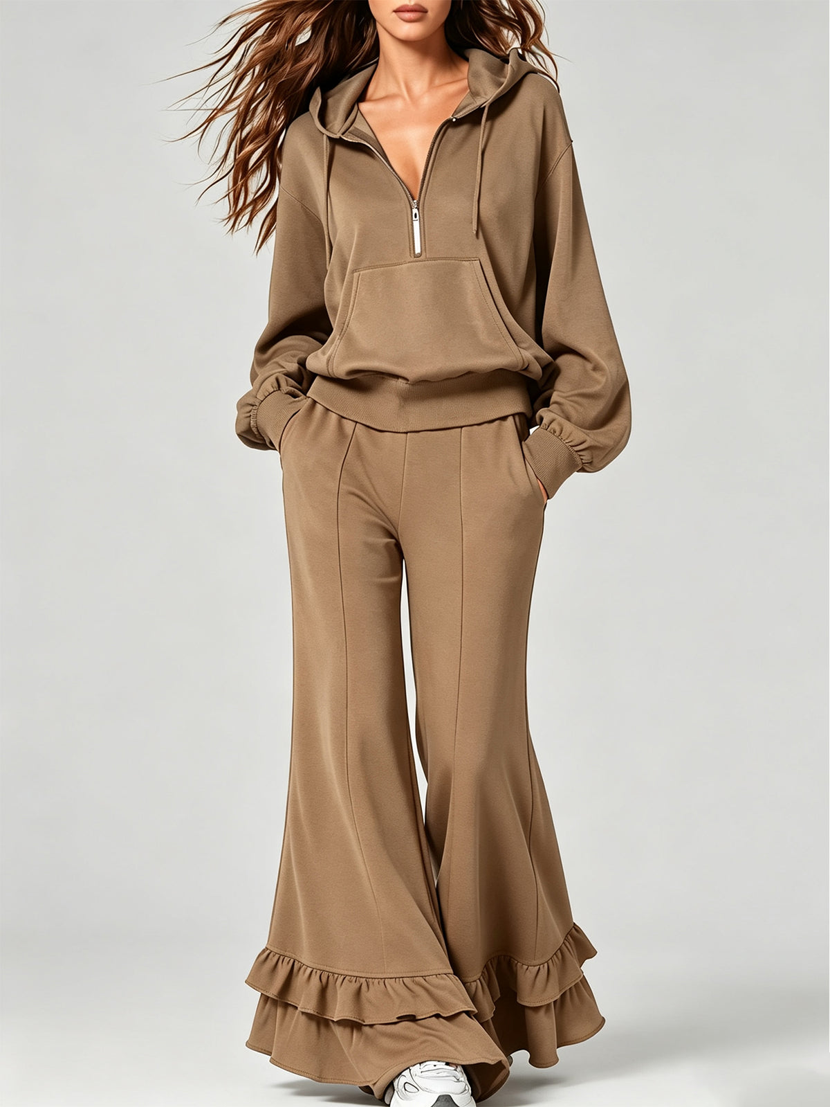 Women’s Half Zip Hoodie & Ruffle Flare Pants 2-Piece Casual Sweatshirt Set