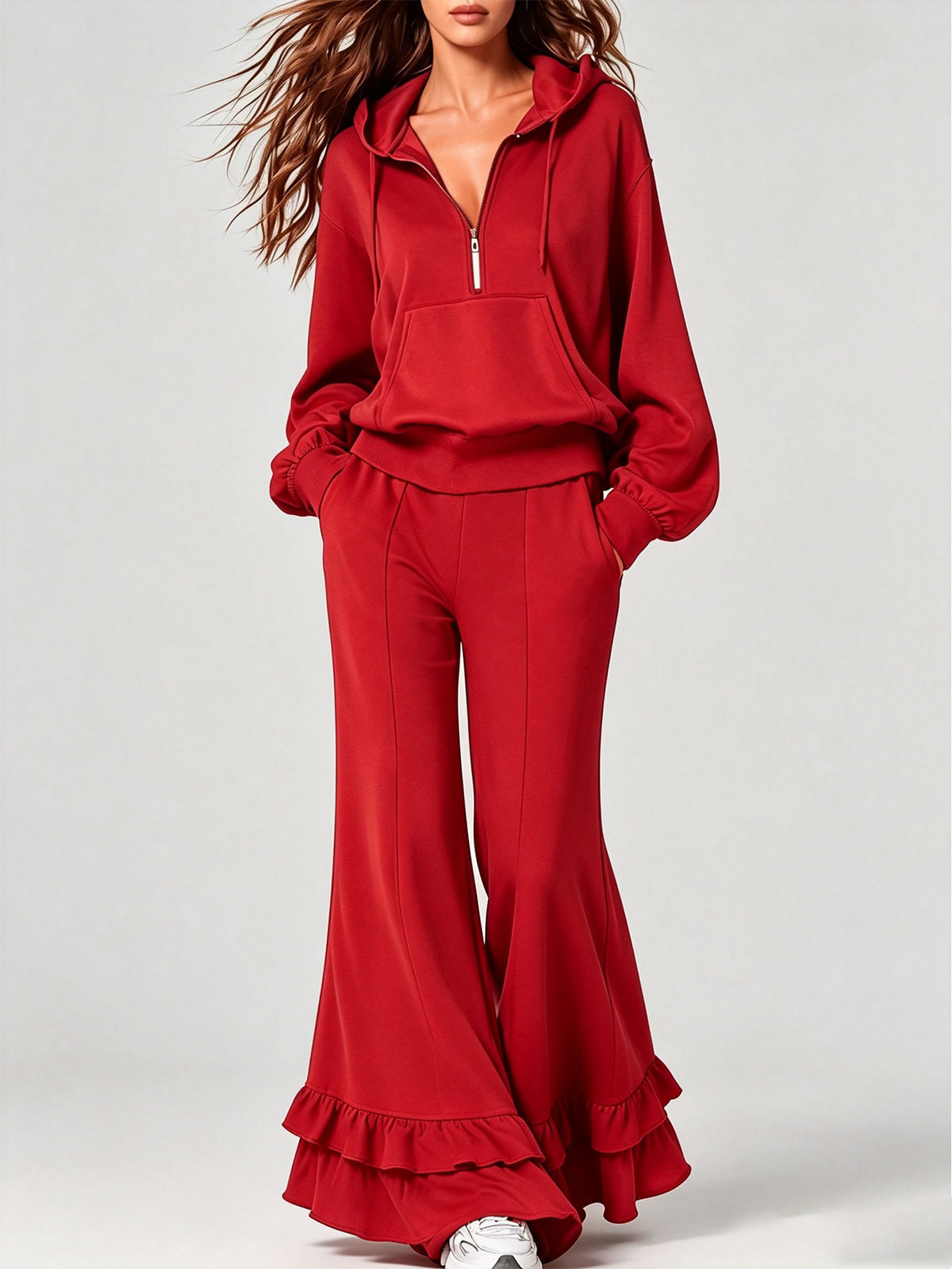 Women’s Half Zip Hoodie & Ruffle Flare Pants 2-Piece Casual Sweatshirt Set