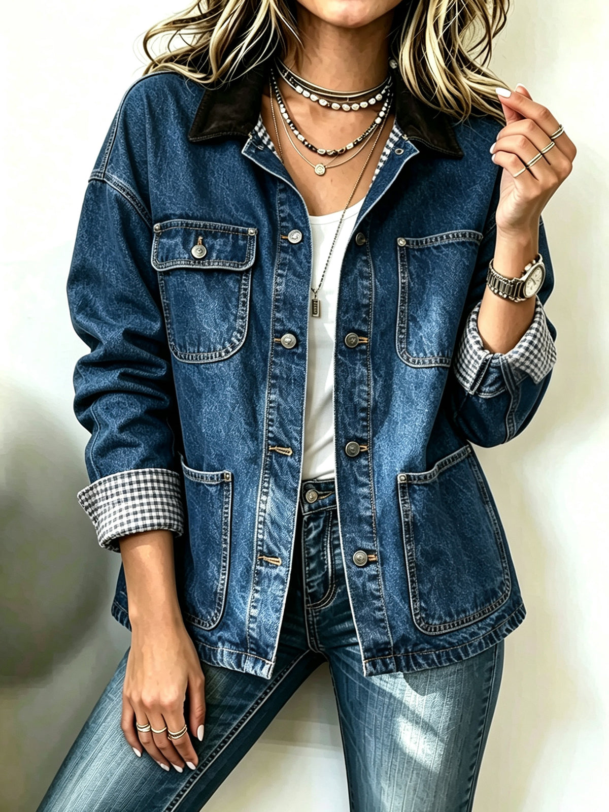 Women’s Denim Patchwork Jacket Corduroy Collar Loose Button Front Casual Coat