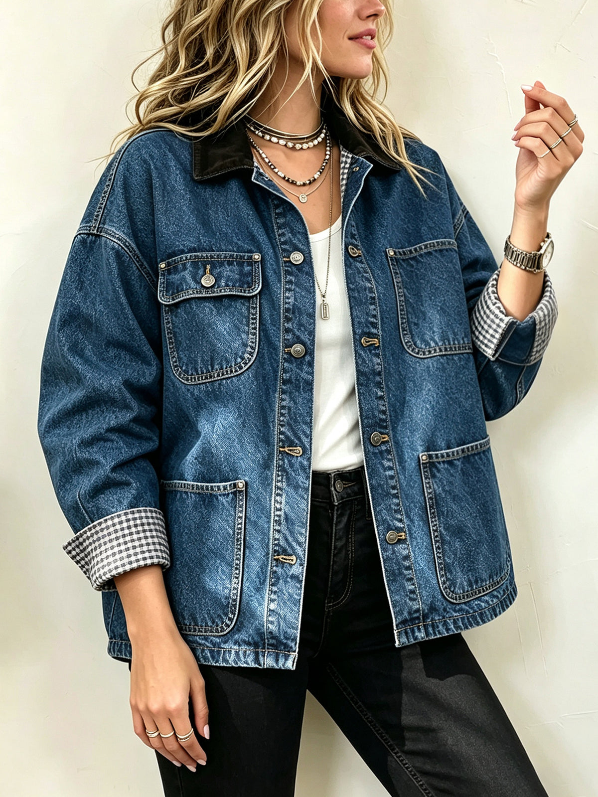 Women’s Denim Patchwork Jacket Corduroy Collar Loose Button Front Casual Coat