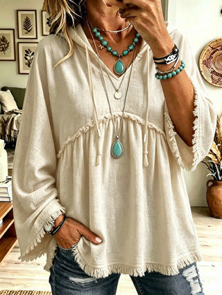 Women’s Hooded Flare Sleeve Top V-Neck Drawstring Fringe Hem Casual Blouse