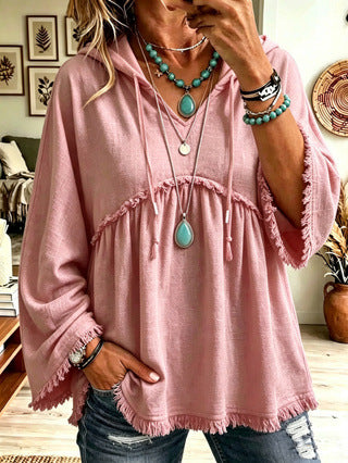 Women’s Hooded Flare Sleeve Top V-Neck Drawstring Fringe Hem Casual Blouse