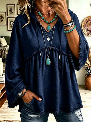 Women’s Hooded Flare Sleeve Top V-Neck Drawstring Fringe Hem Casual Blouse