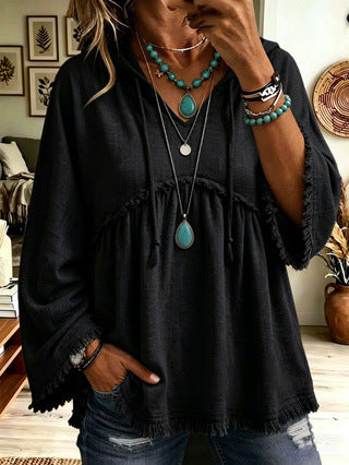 Women’s Hooded Flare Sleeve Top V-Neck Drawstring Fringe Hem Casual Blouse