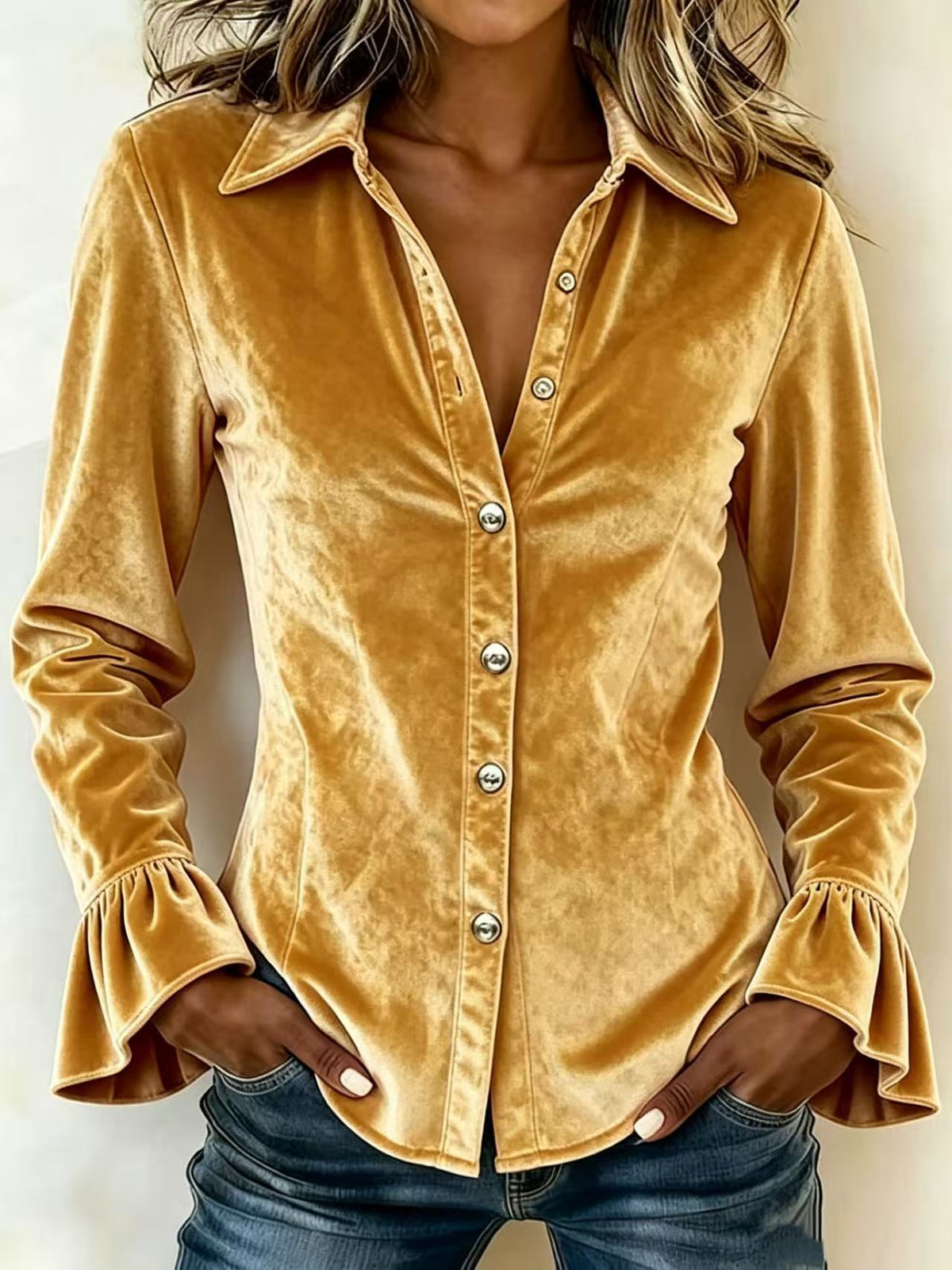 🌸 Women’s Flare Sleeve Shirt Velvet Button Down Slim Fit Casual Blouse