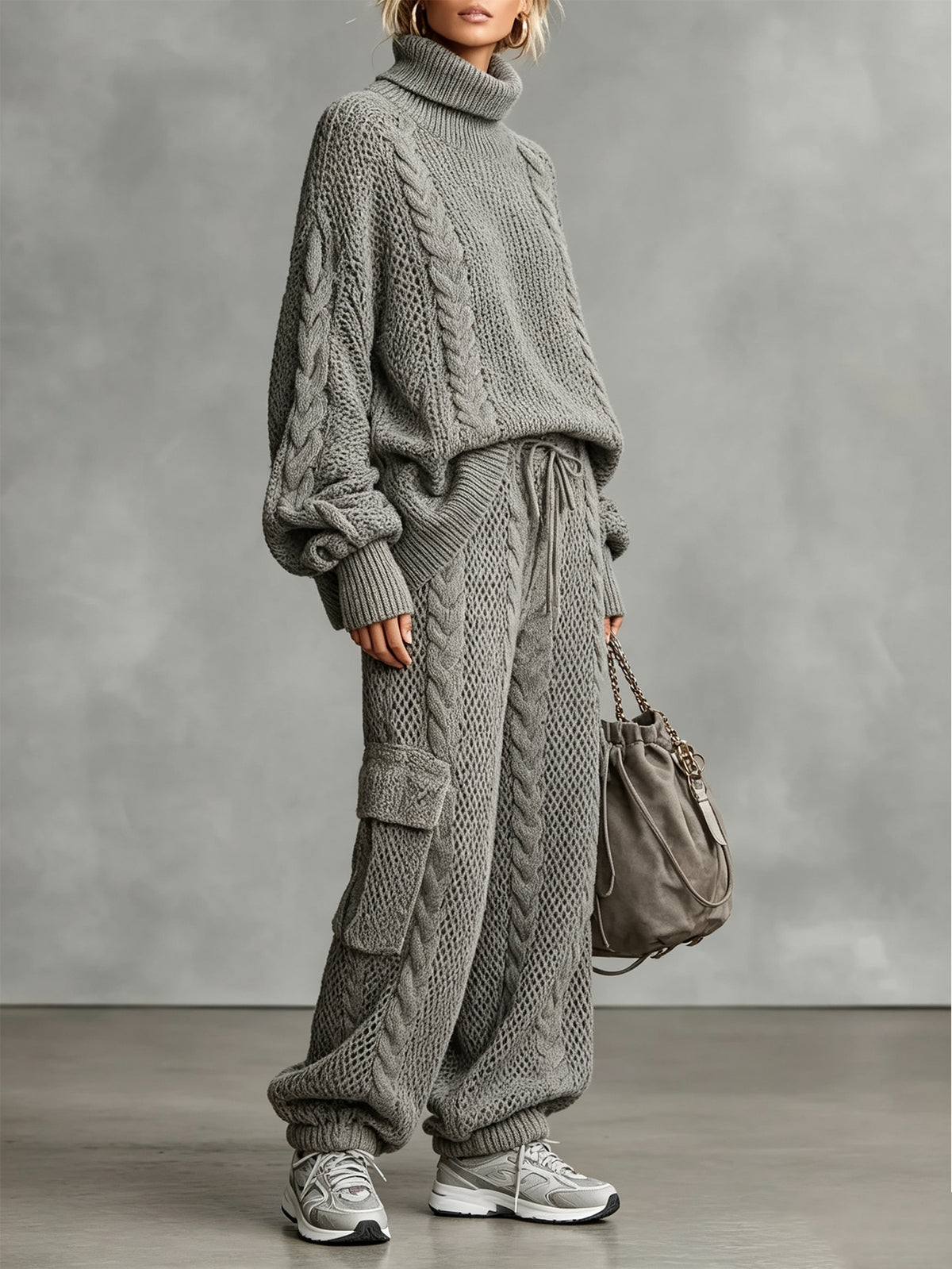 Women’s Cable Knit Sweater Set Turtleneck Long Sleeve Top & Jogger Pants 2-Piece Outfit