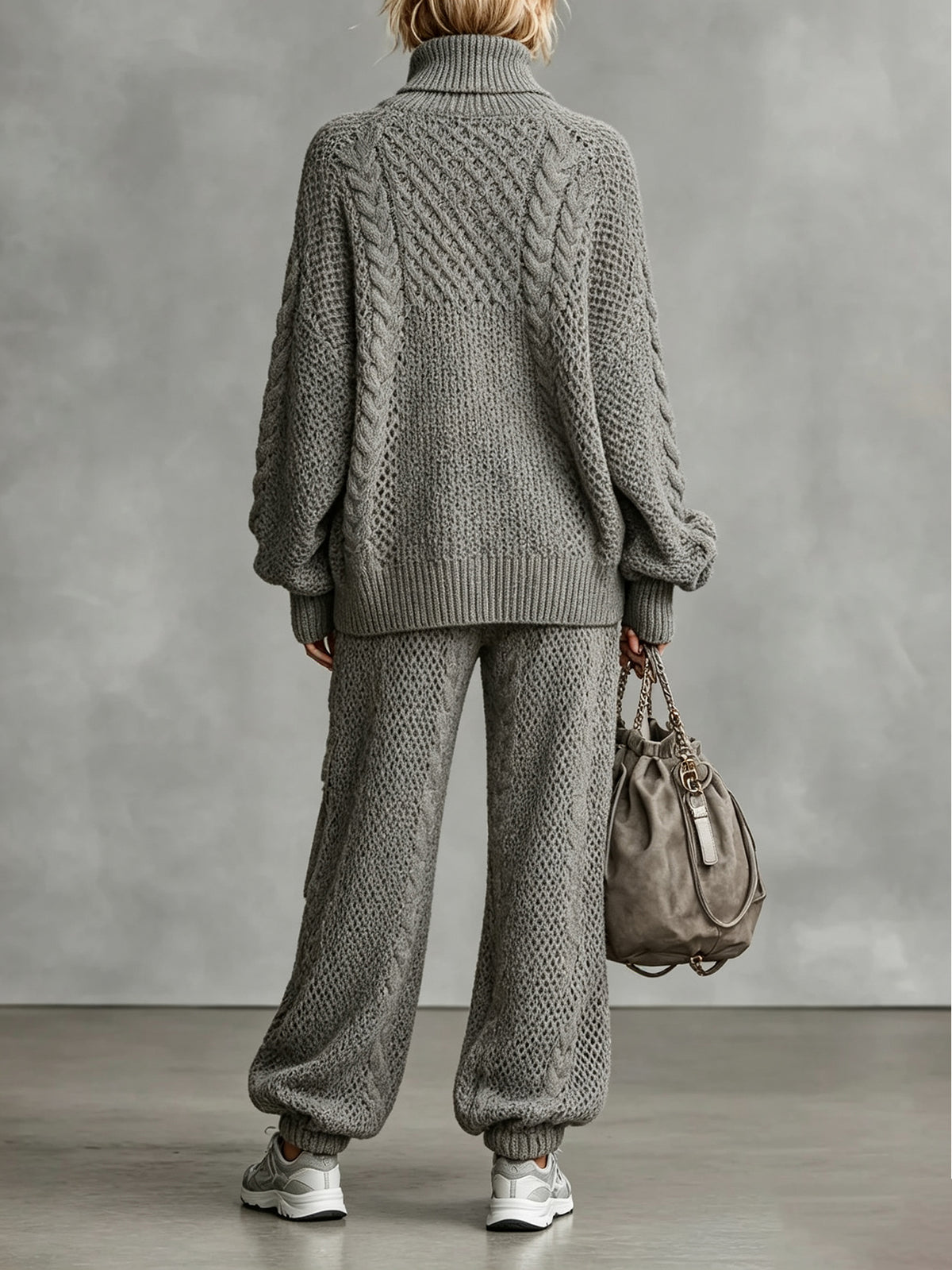 Women’s Cable Knit Sweater Set Turtleneck Long Sleeve Top & Jogger Pants 2-Piece Outfit