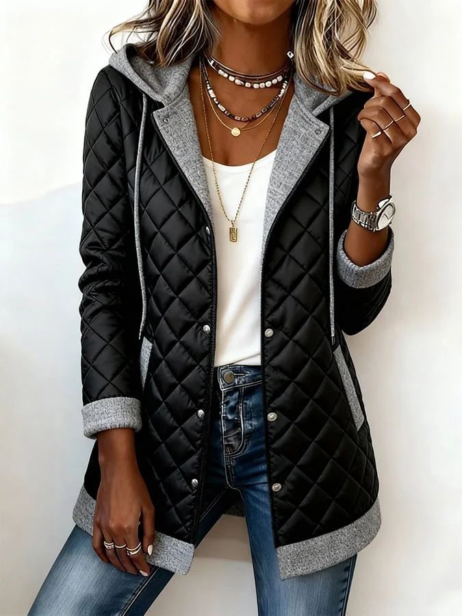 🧥 Women’s Quilted Jacket Hooded Knit Trim Open Front Padded Casual Winter Coat