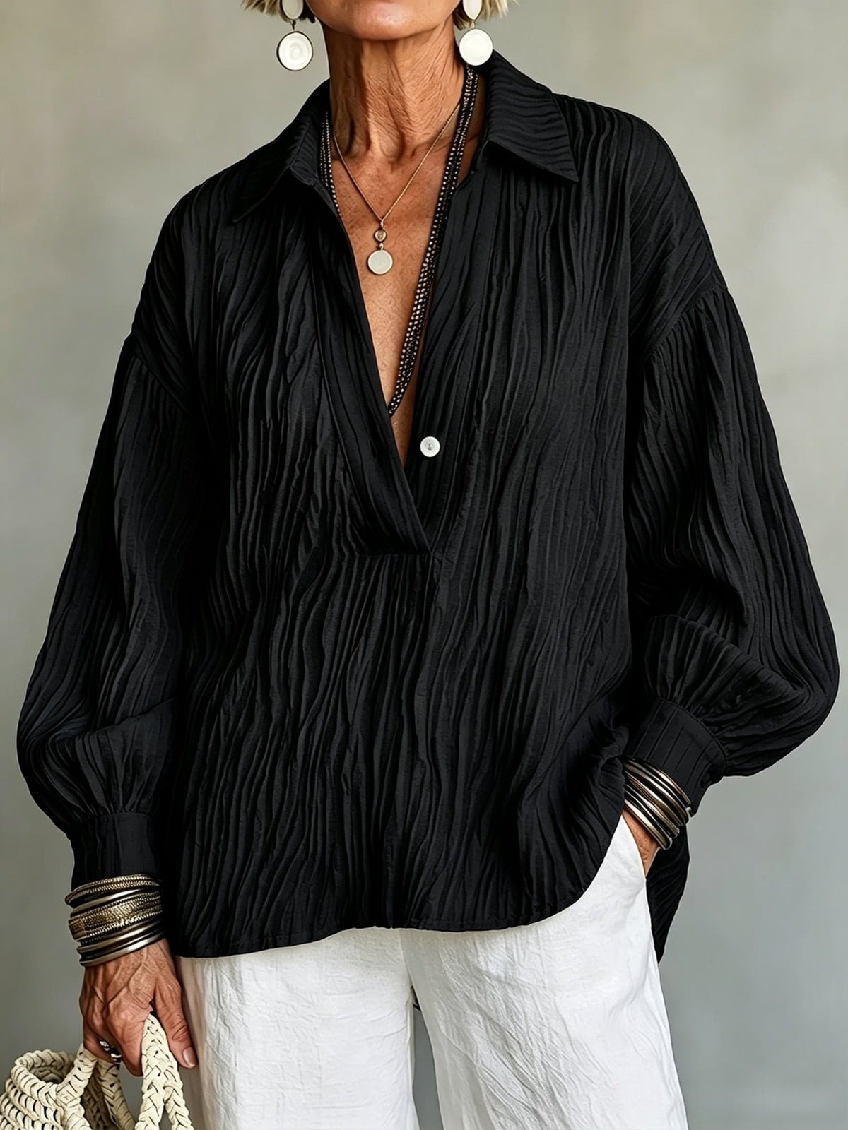 🤍 Women’s Textured Knit Top Stand Collar Buttoned Long Sleeve Casual Pullover