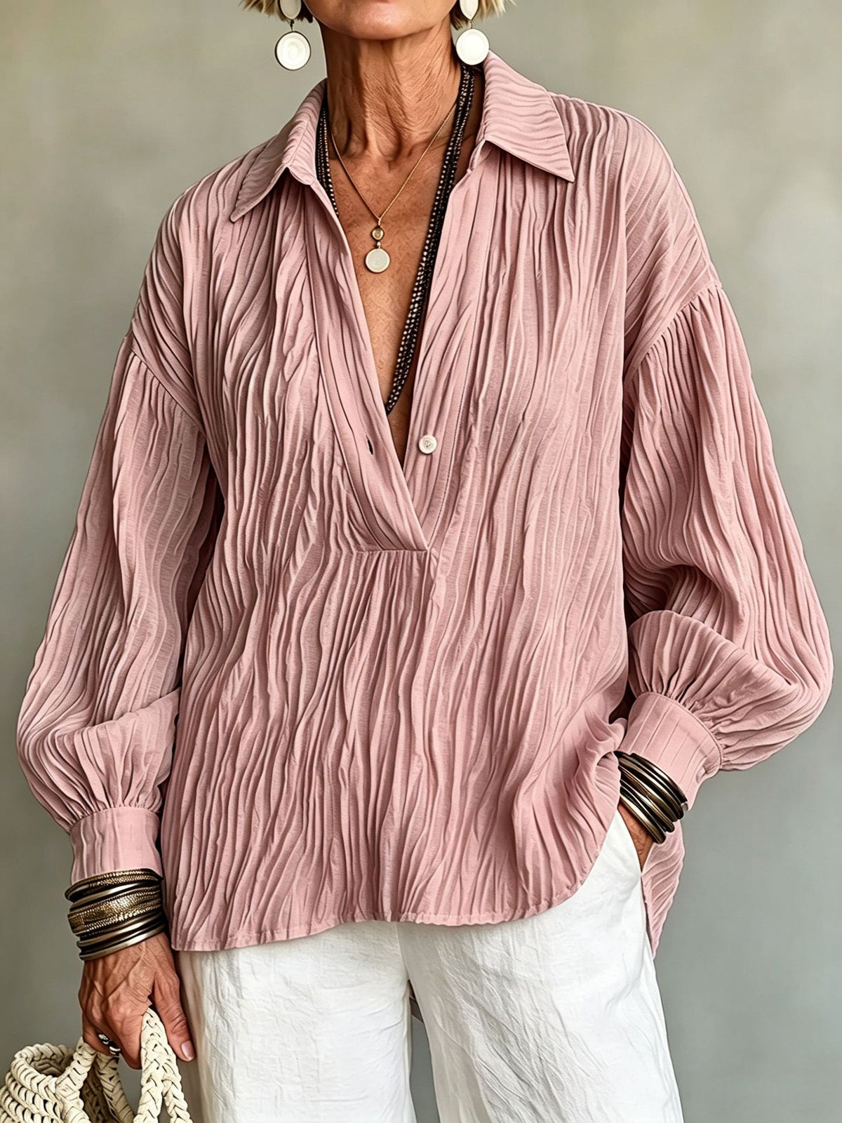 🤍 Women’s Textured Knit Top Stand Collar Buttoned Long Sleeve Casual Pullover