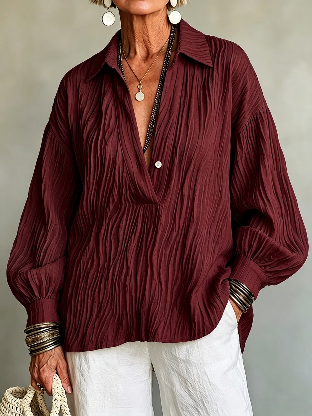 🤍 Women’s Textured Knit Top Stand Collar Buttoned Long Sleeve Casual Pullover
