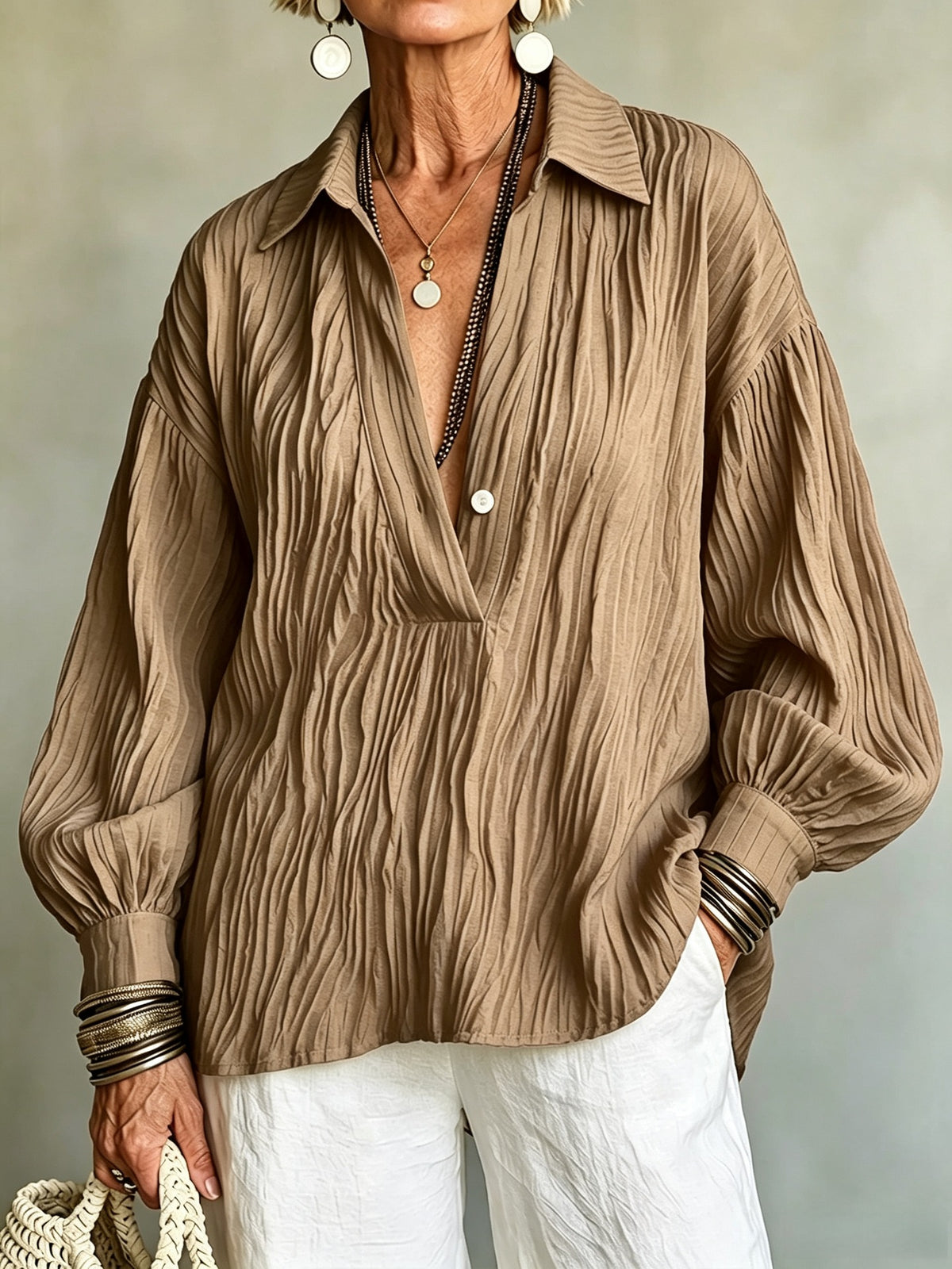 🤍 Women’s Textured Knit Top Stand Collar Buttoned Long Sleeve Casual Pullover