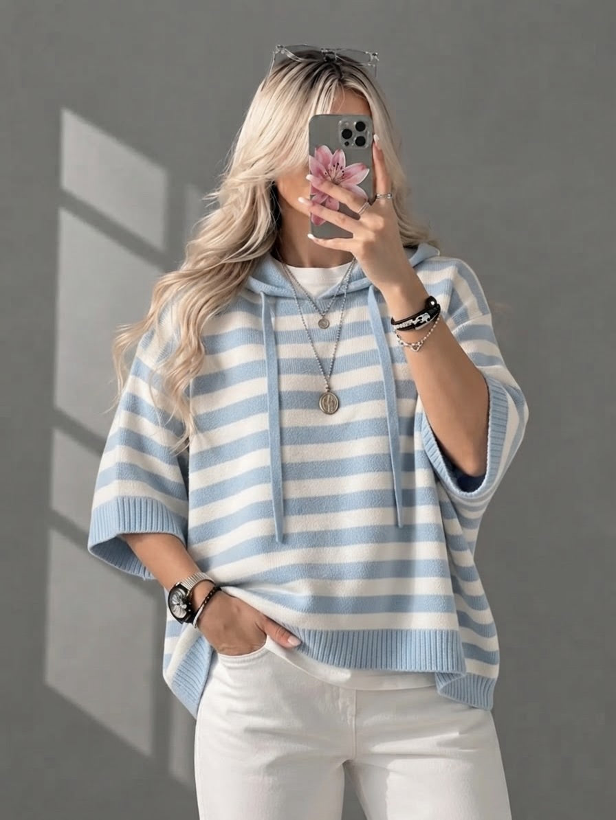 Women’s Casual Hooded Striped Sweater Half Sleeve Loose Knit Pullover