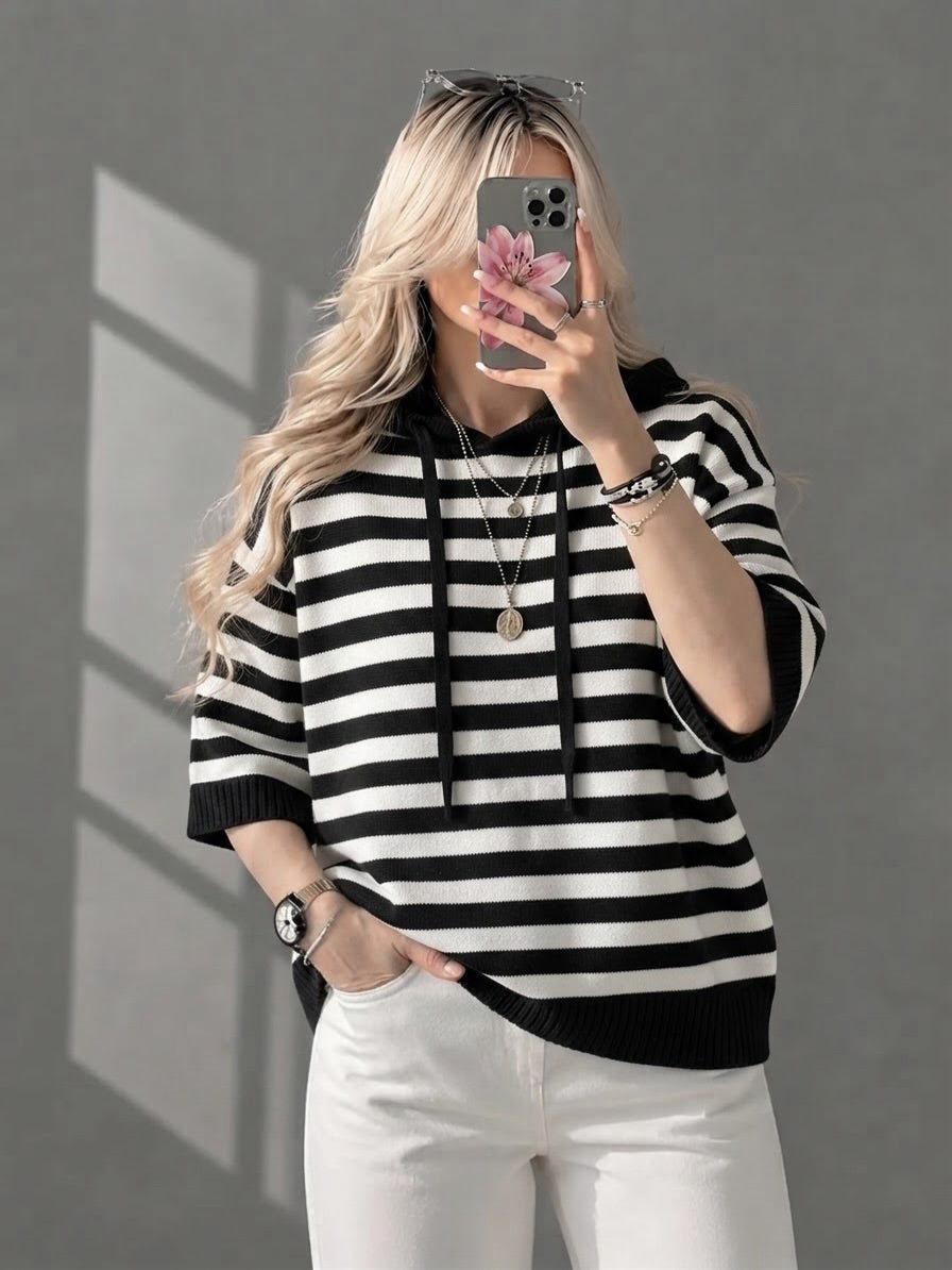 Women’s Casual Hooded Striped Sweater Half Sleeve Loose Knit Pullover