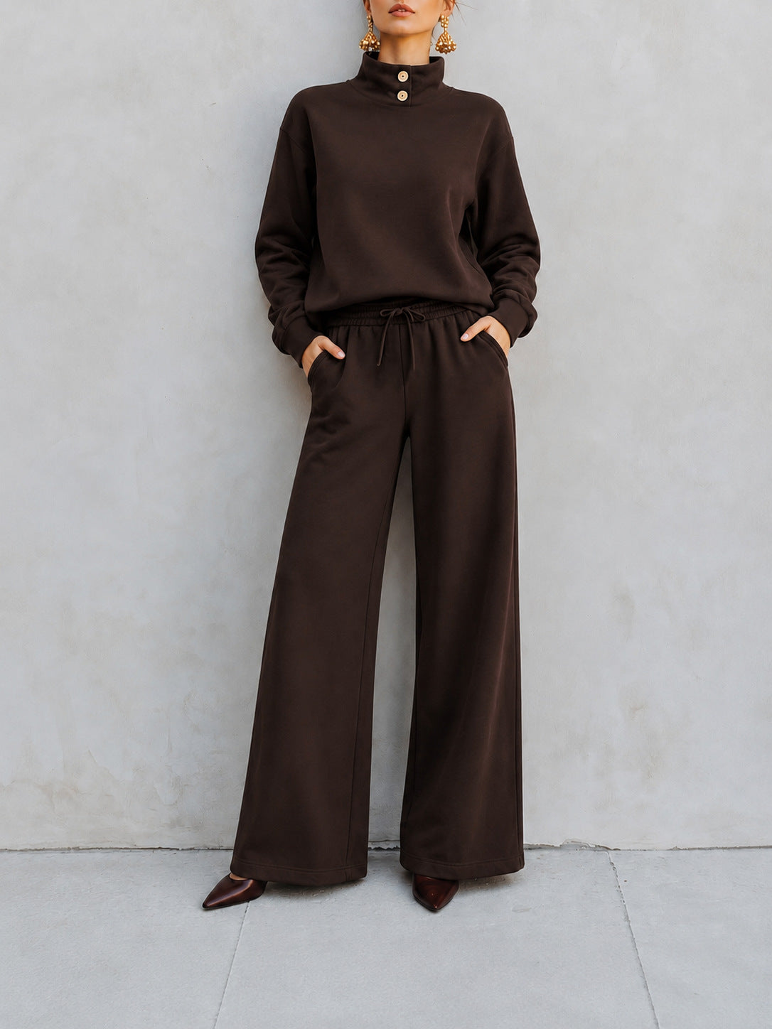 Women’s Casual High Neck Top & Wide Leg Pants Set Solid Two-Piece Outfit