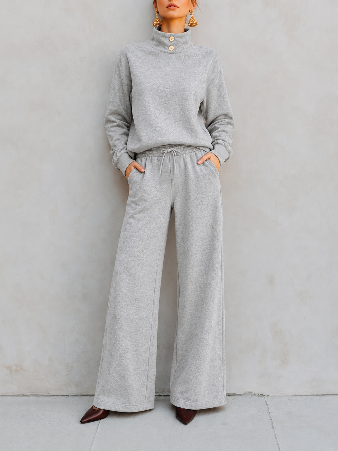Women’s Casual High Neck Top & Wide Leg Pants Set Solid Two-Piece Outfit