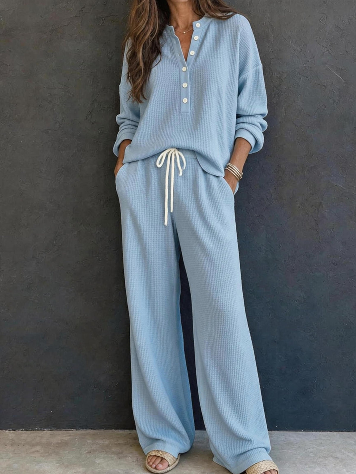🤍 Women’s Casual Waffle Knit Polo Shirt & Loose Pants Set Two-Piece Loungewear Outfit