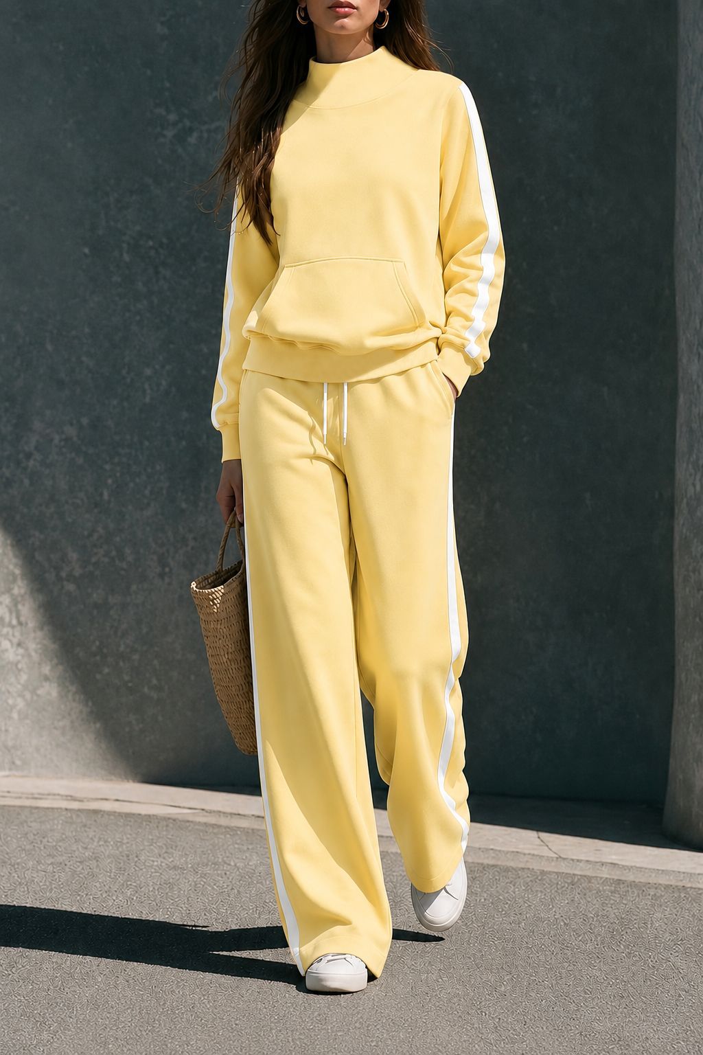 Women’s Casual Tracksuit High Neck Sweatshirt & Wide Leg Pants Set Side Stripe Two-Piece Outfit