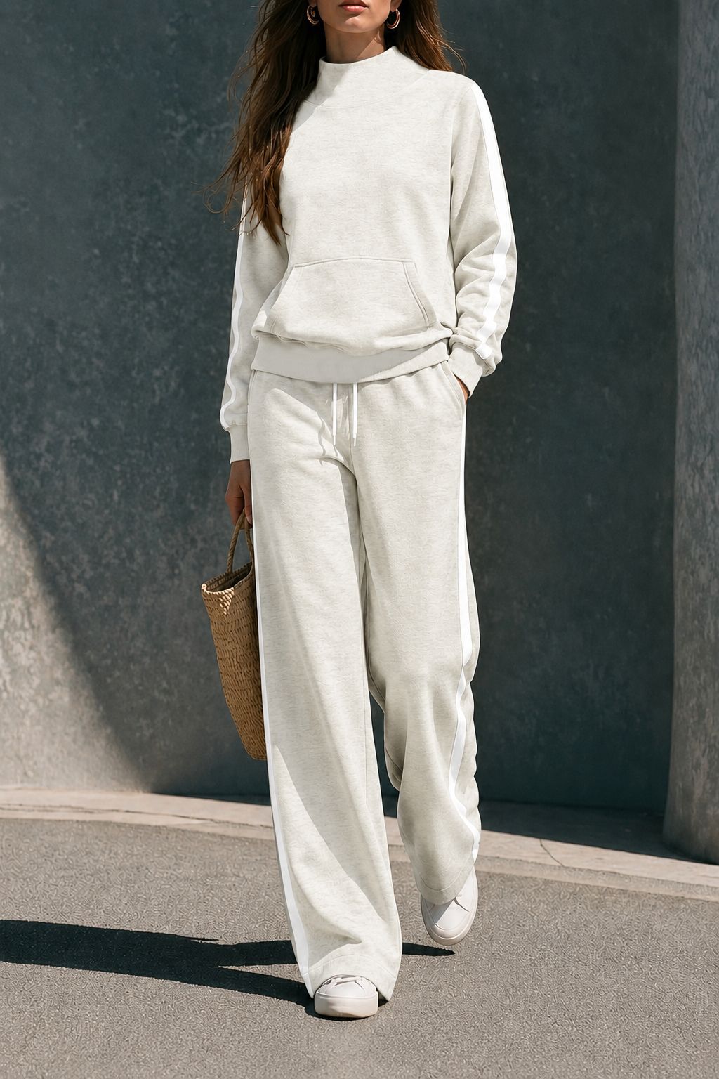 Women’s Casual Tracksuit High Neck Sweatshirt & Wide Leg Pants Set Side Stripe Two-Piece Outfit