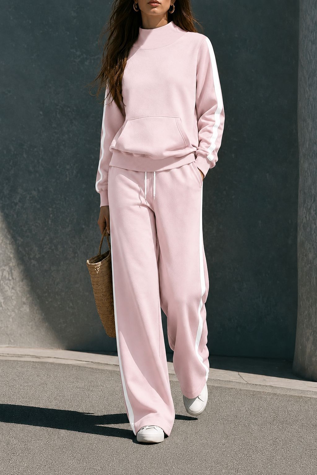 Women’s Casual Tracksuit High Neck Sweatshirt & Wide Leg Pants Set Side Stripe Two-Piece Outfit