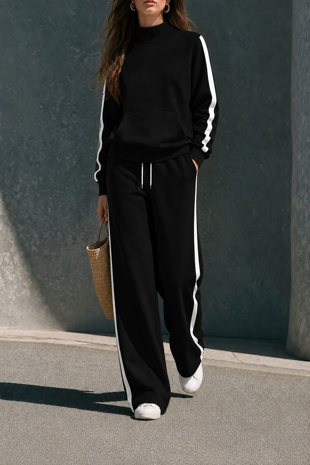 Women’s Casual Tracksuit High Neck Sweatshirt & Wide Leg Pants Set Side Stripe Two-Piece Outfit