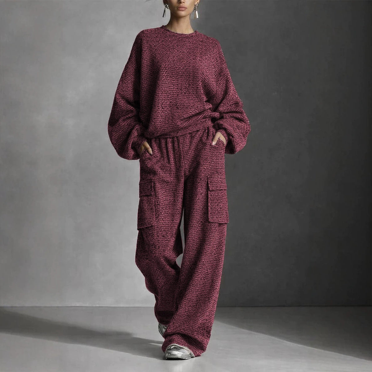 Women’s Waffle Knit Casual Set Drop Shoulder Top & Cargo Pants Two-Piece Outfit