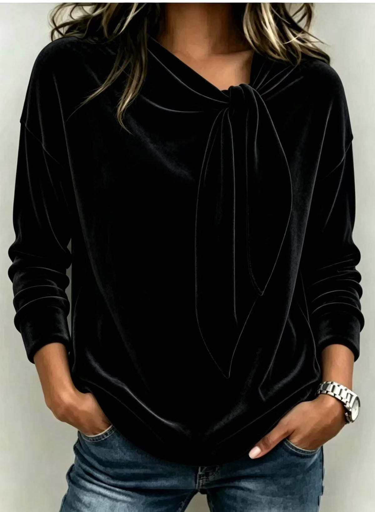❤ Women’s Knit Velvet Top Tie Neck Long Sleeve Loose Blouse