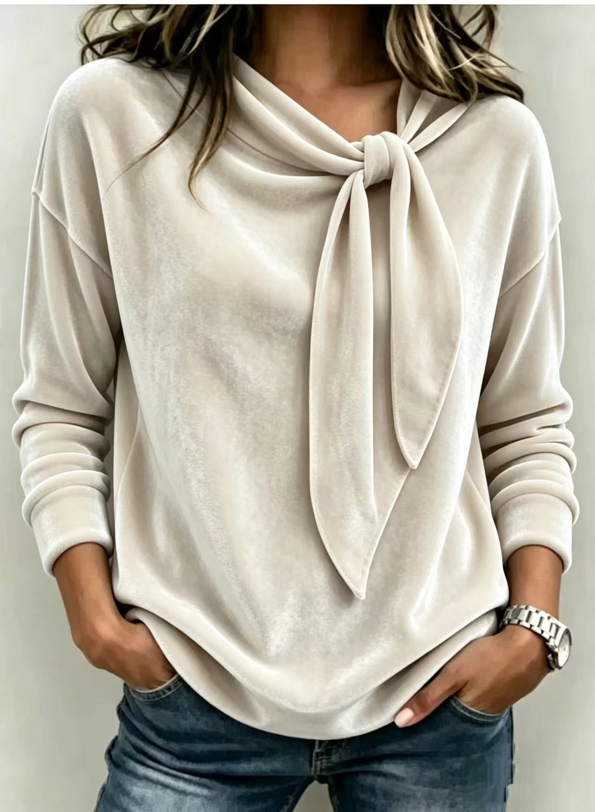 ❤ Women’s Knit Velvet Top Tie Neck Long Sleeve Loose Blouse