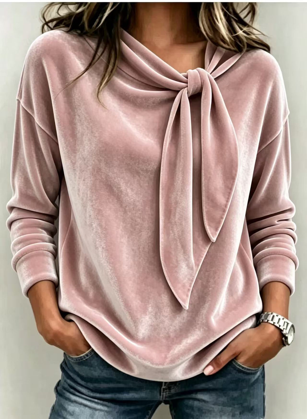 ❤ Women’s Knit Velvet Top Tie Neck Long Sleeve Loose Blouse