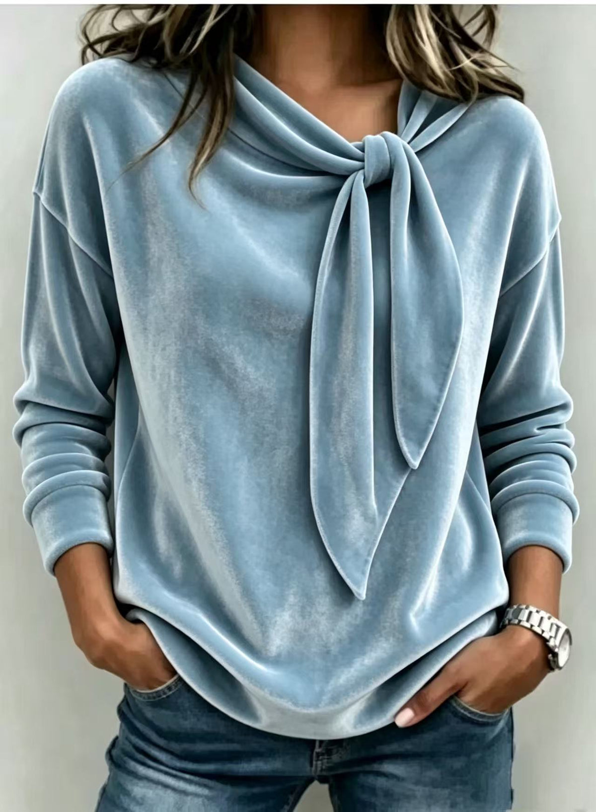 ❤ Women’s Knit Velvet Top Tie Neck Long Sleeve Loose Blouse