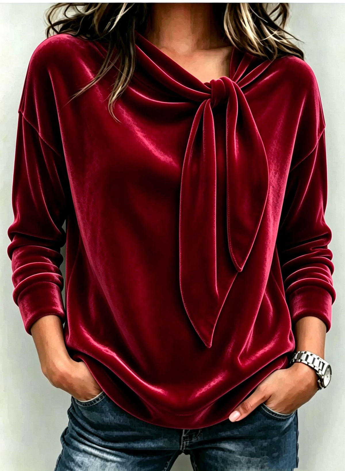 ❤ Women’s Knit Velvet Top Tie Neck Long Sleeve Loose Blouse