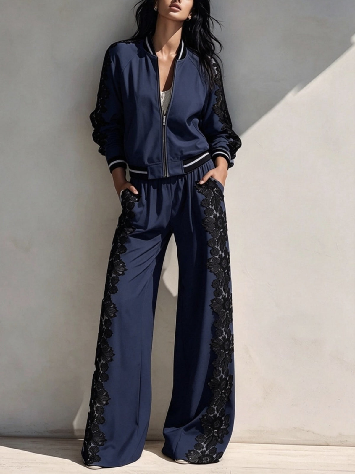🤍 Women’s Lace Patchwork Casual Set Zip-Up Bomber Jacket & Wide Leg Pants Two-Piece Outfit