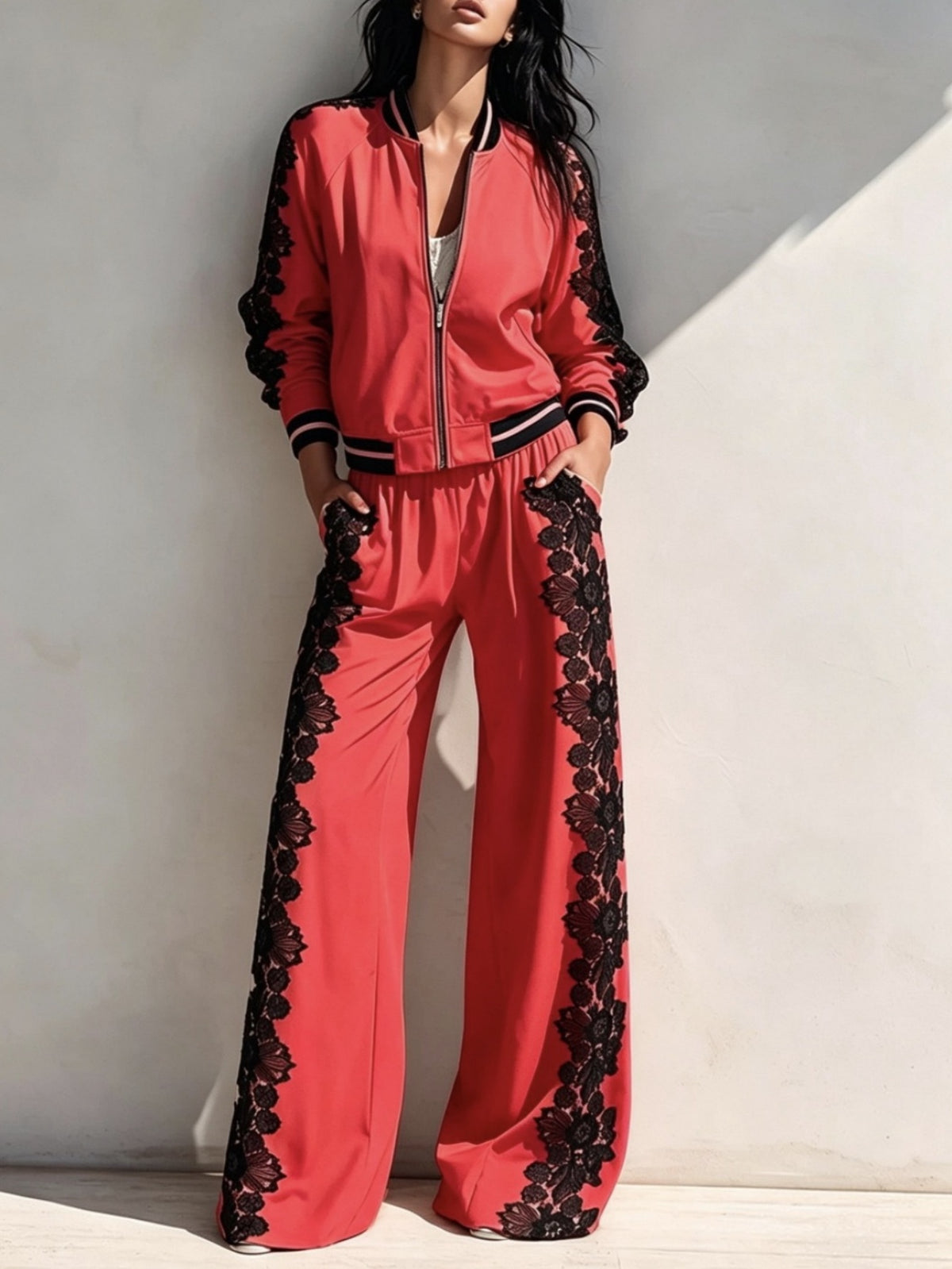 🤍 Women’s Lace Patchwork Casual Set Zip-Up Bomber Jacket & Wide Leg Pants Two-Piece Outfit