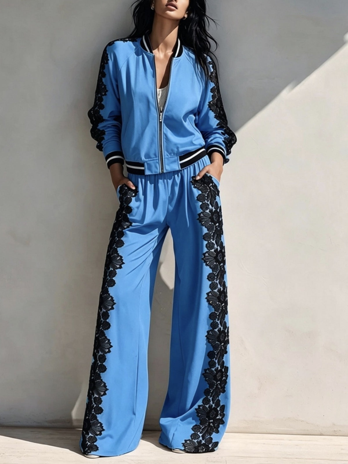 🤍 Women’s Lace Patchwork Casual Set Zip-Up Bomber Jacket & Wide Leg Pants Two-Piece Outfit