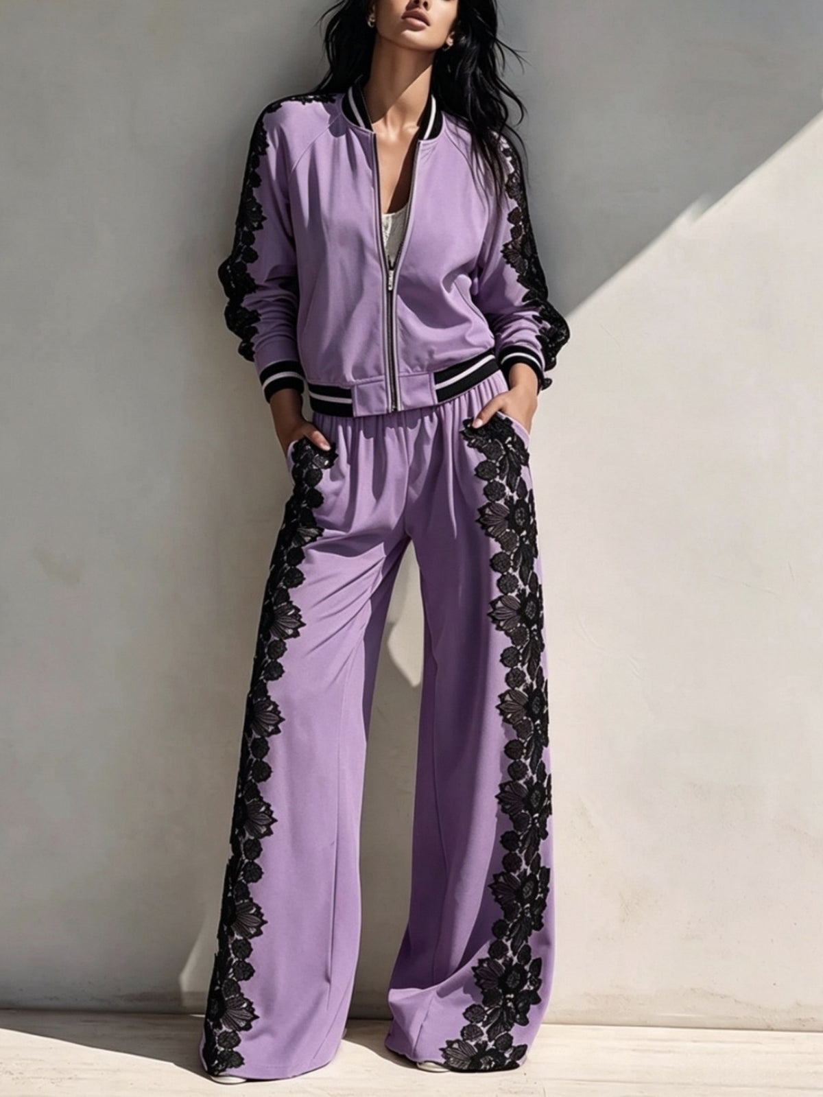 🤍 Women’s Lace Patchwork Casual Set Zip-Up Bomber Jacket & Wide Leg Pants Two-Piece Outfit