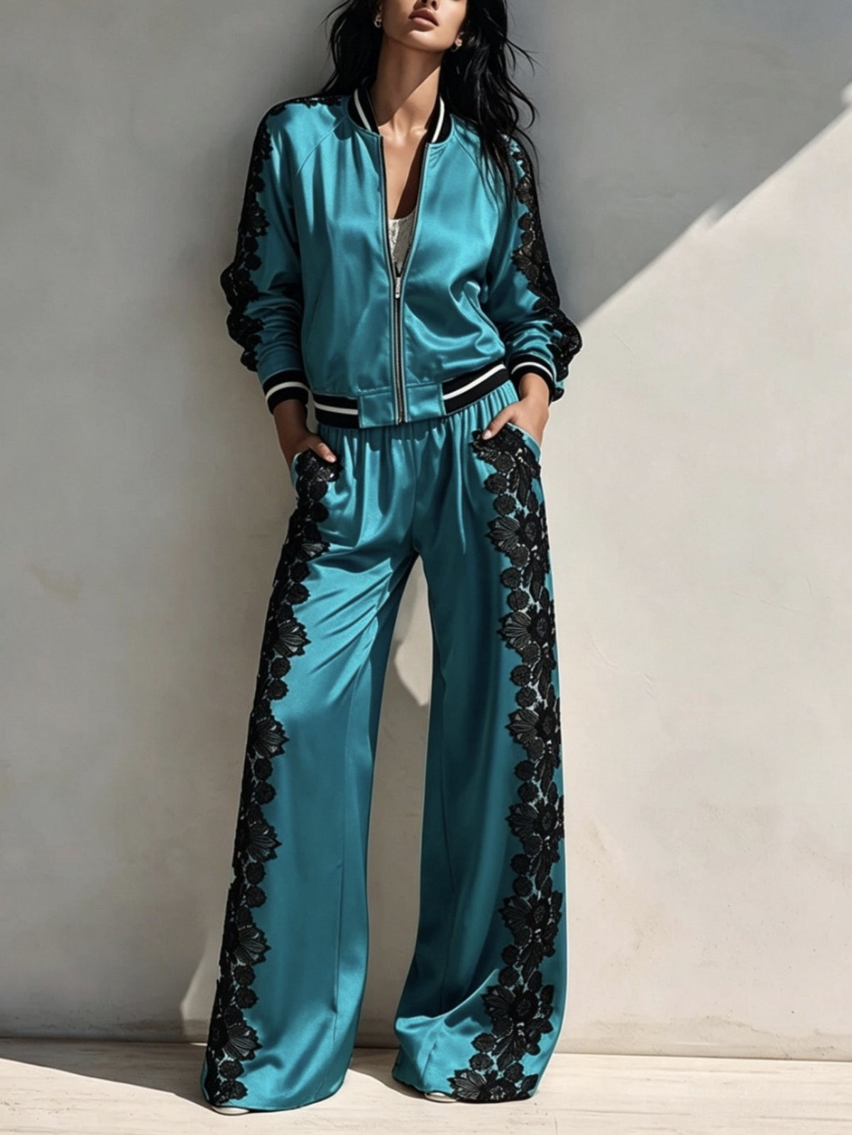🤍 Women’s Lace Patchwork Casual Set Zip-Up Bomber Jacket & Wide Leg Pants Two-Piece Outfit