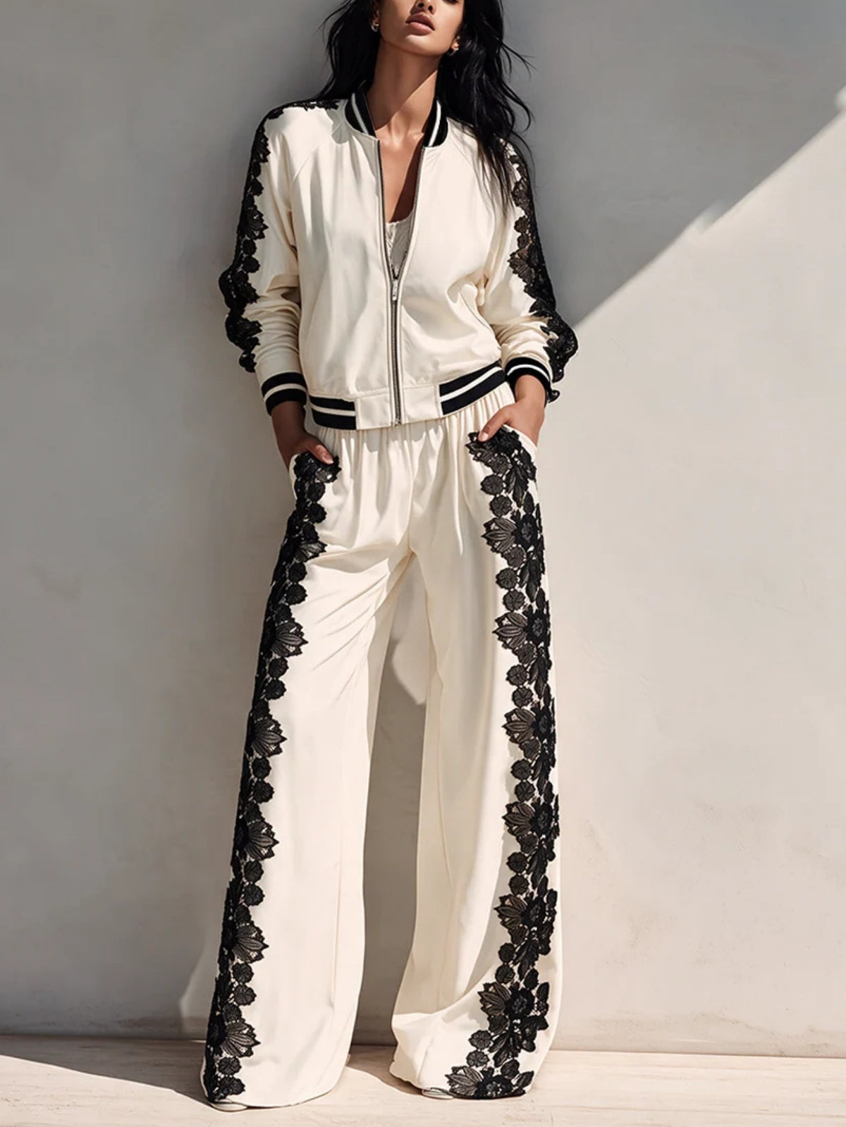 🤍 Women’s Lace Patchwork Casual Set Zip-Up Bomber Jacket & Wide Leg Pants Two-Piece Outfit