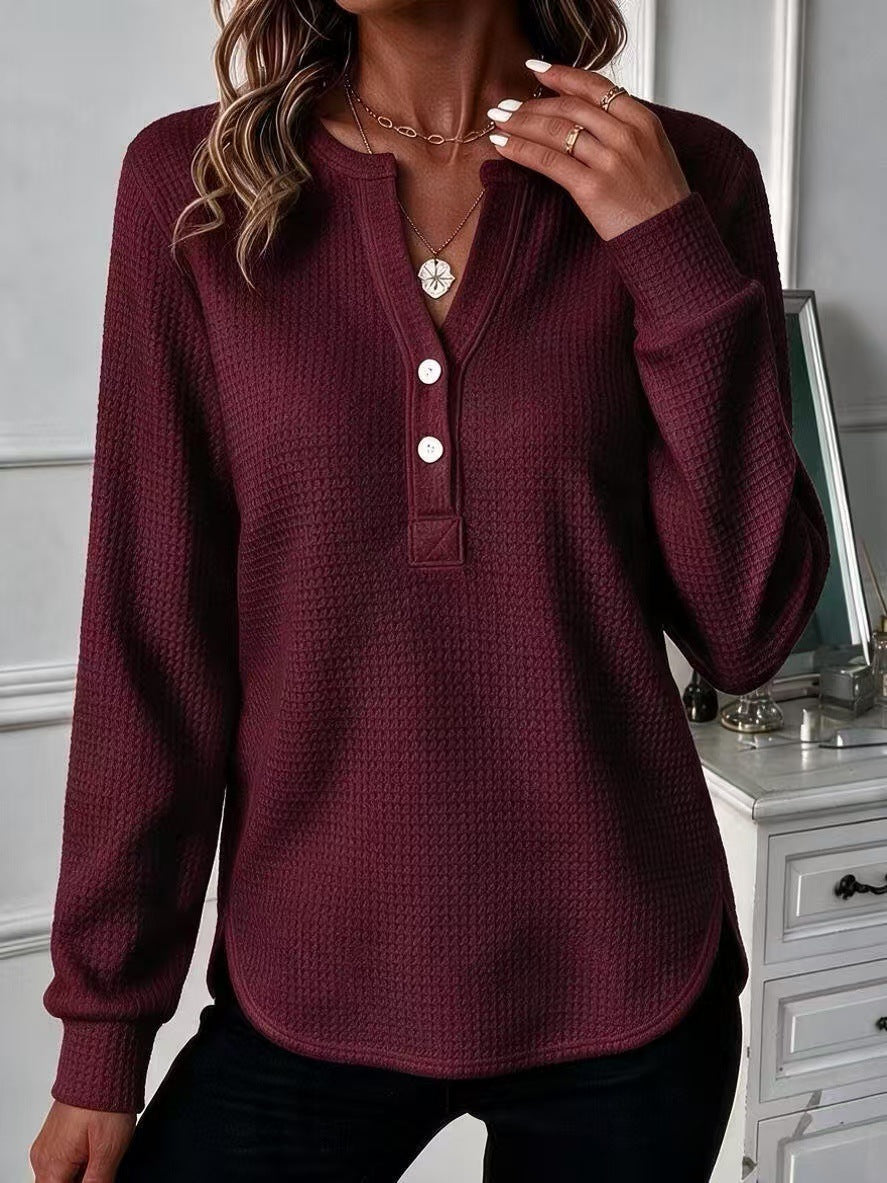 🤍 Women’s Waffle Knit Polo Shirt Henley Neck Button Placket Long Sleeve Loose Top