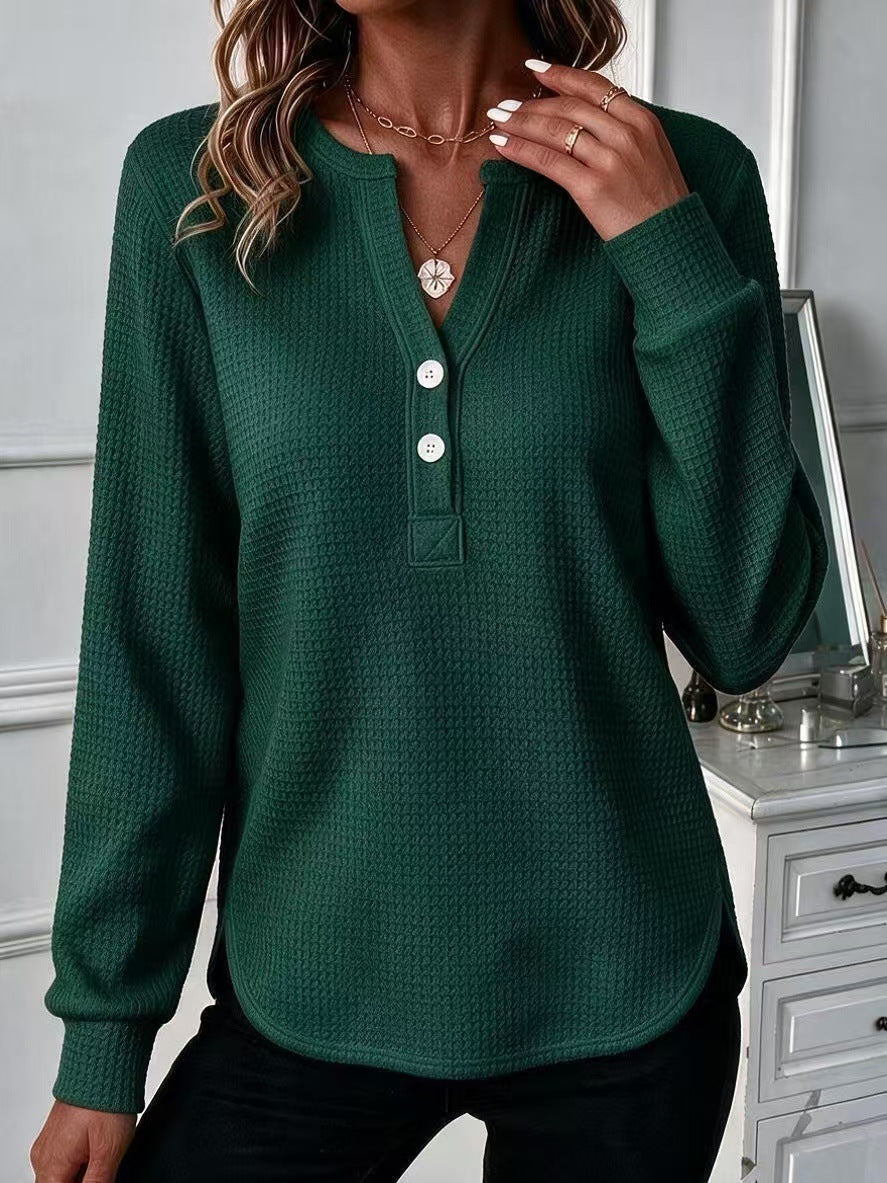 🤍 Women’s Waffle Knit Polo Shirt Henley Neck Button Placket Long Sleeve Loose Top
