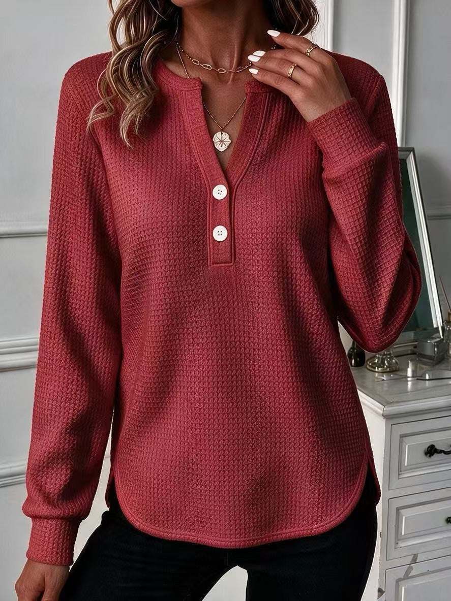 🤍 Women’s Waffle Knit Polo Shirt Henley Neck Button Placket Long Sleeve Loose Top
