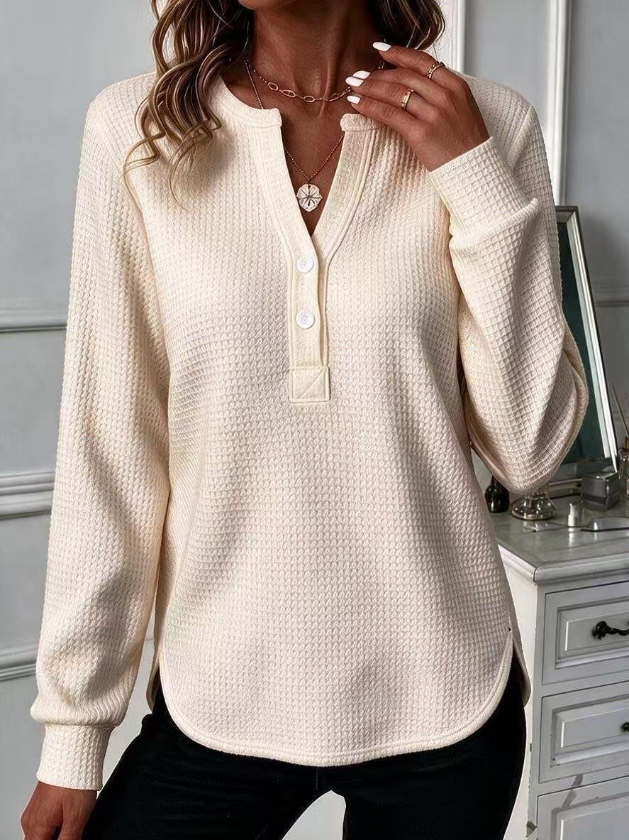 🤍 Women’s Waffle Knit Polo Shirt Henley Neck Button Placket Long Sleeve Loose Top