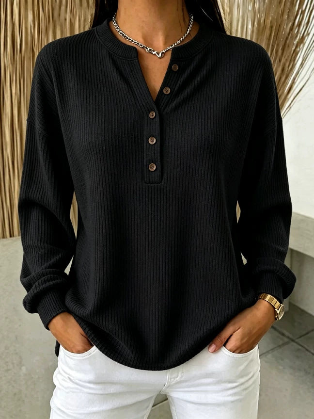 🧡 Women’s Knit Polo Shirt Ribbed Henley Neck Button Placket Long Sleeve Loose Top
