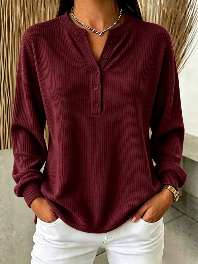 🧡 Women’s Knit Polo Shirt Ribbed Henley Neck Button Placket Long Sleeve Loose Top