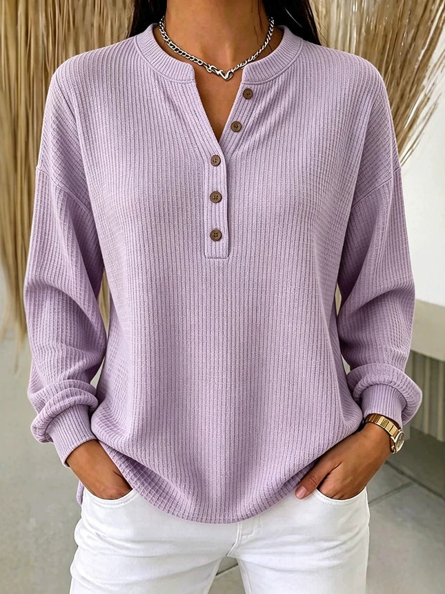 🧡 Women’s Knit Polo Shirt Ribbed Henley Neck Button Placket Long Sleeve Loose Top