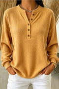 🧡 Women’s Knit Polo Shirt Ribbed Henley Neck Button Placket Long Sleeve Loose Top